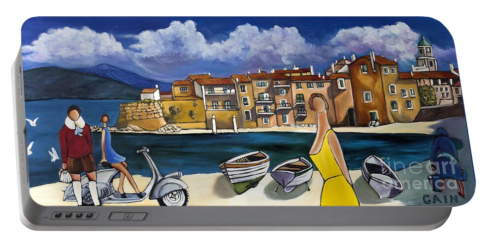 Mediterranean Art Portable Battery Charger featuring the painting Vespa And French Cove by William Cain