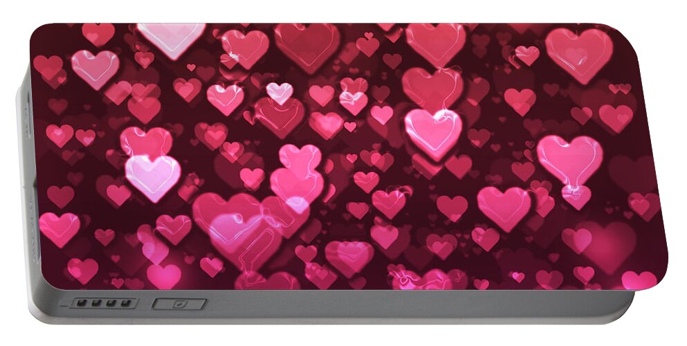 Bokeh Portable Battery Charger featuring the digital art Vibrant Pink and Red Bokeh Hearts by Shelley Neff