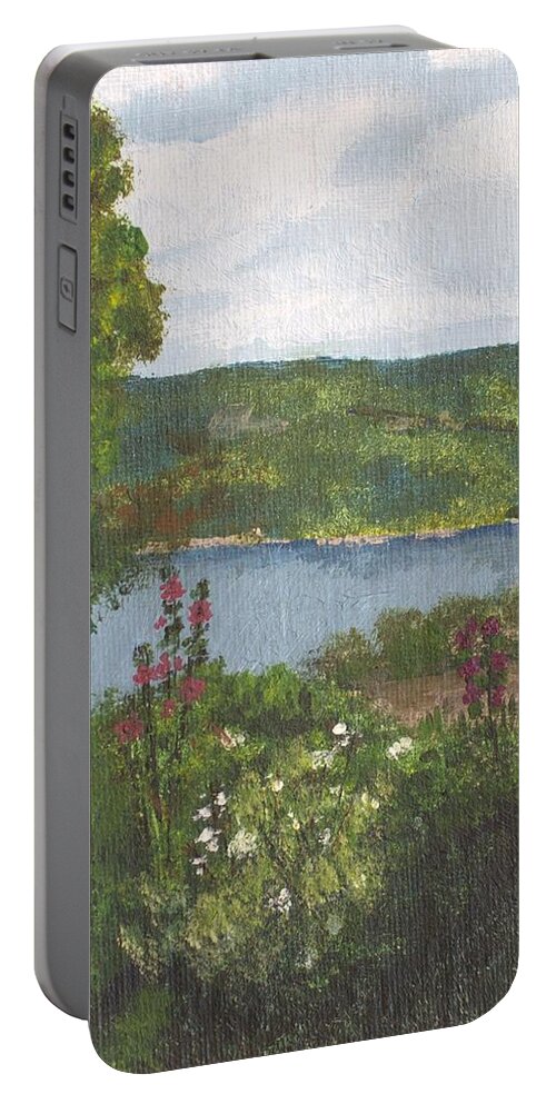 Bully Hill Vinyard Portable Battery Charger featuring the painting View From the Garden by Cynthia Morgan