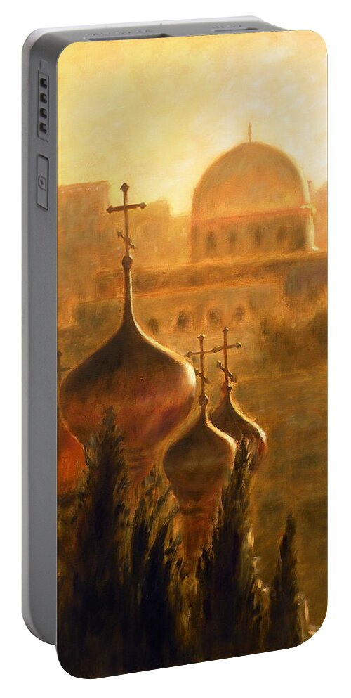 View From The Mount Of Olives Portable Battery Charger featuring the painting View from the Mount of Olives Jerusalem by Uma Krishnamoorthy