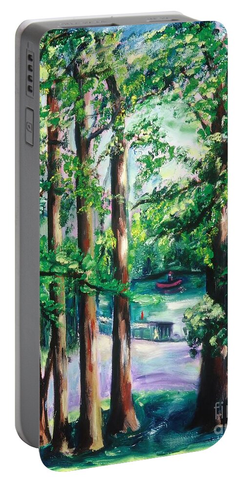 Oil Painting Portable Battery Charger featuring the painting View of Woodside Lake by Karen Francis