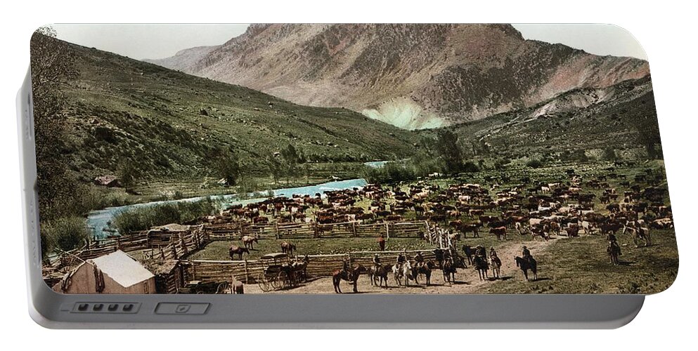 Vintage Portable Battery Charger featuring the photograph Vintage Colorado Photograph - Round Up on the Cimarron - 1898 by Eric Glaser