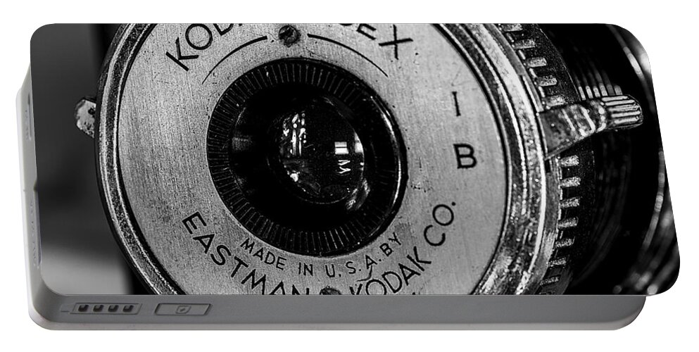 Black And White Portable Battery Charger featuring the photograph Vintage Kodak Duex Detail by Jon Woodhams