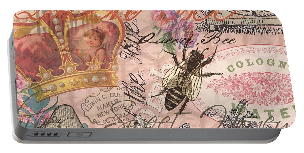 Doodlefly Portable Battery Charger featuring the digital art Vintage Queen Bee Collage by Mary Hubley