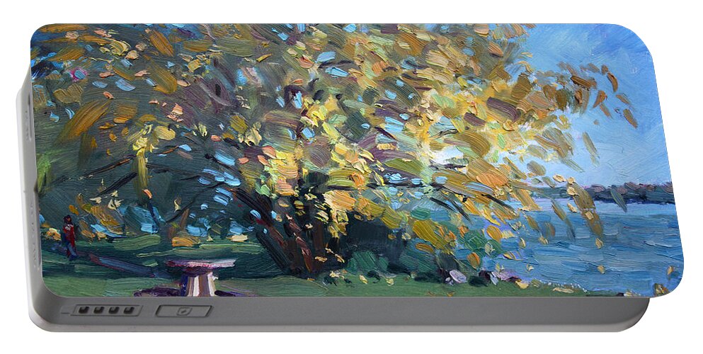 Fall Portable Battery Charger featuring the painting Viola Walking in the Park by Ylli Haruni