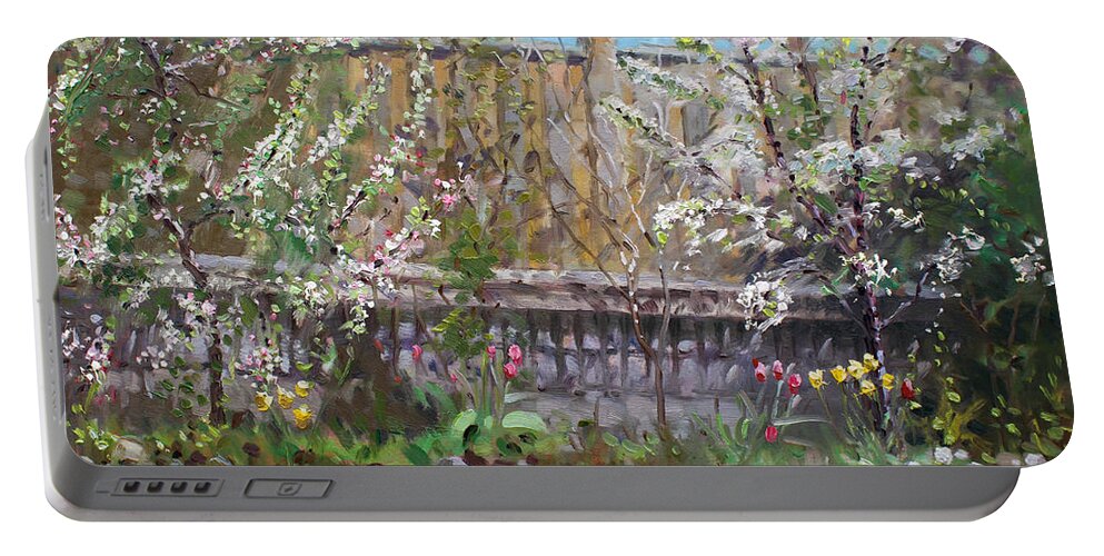 Trees Portable Battery Charger featuring the painting Viola's Apple and Cherry Trees by Ylli Haruni