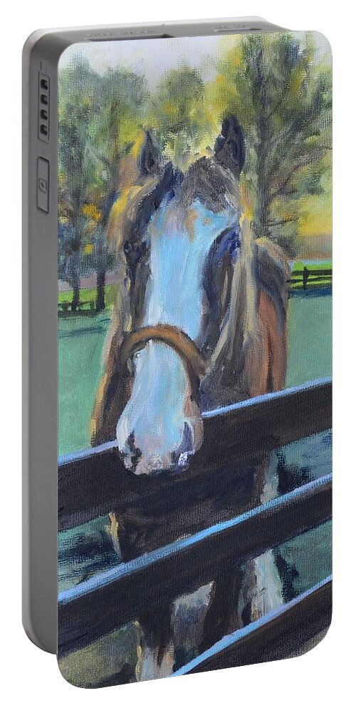 Virginia Portable Battery Charger featuring the painting Virginia Horse Farm Morning by Donna Tuten