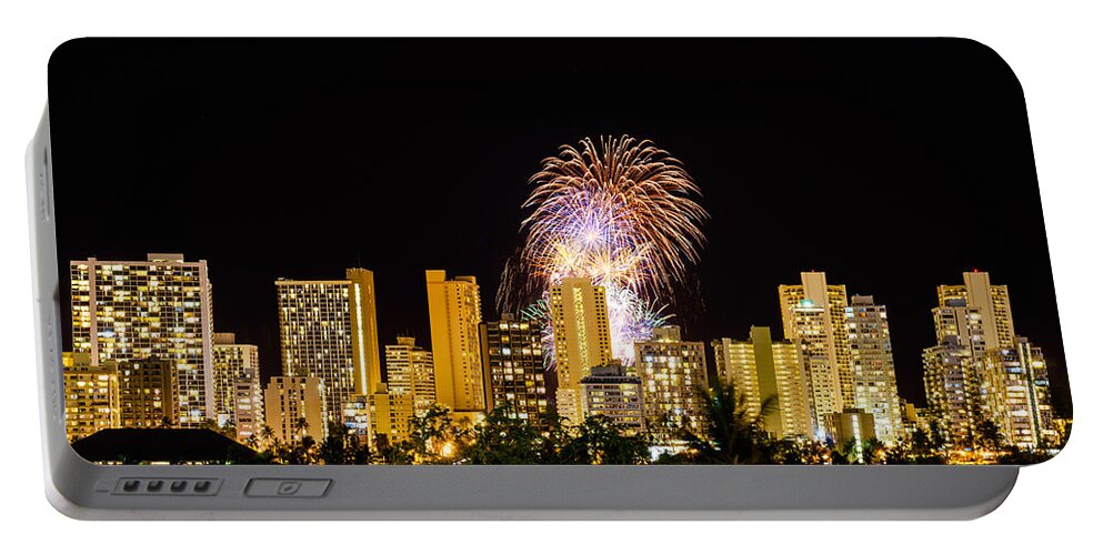 Fireworks Portable Battery Charger featuring the photograph Waikiki Party 5 by Jason Chu