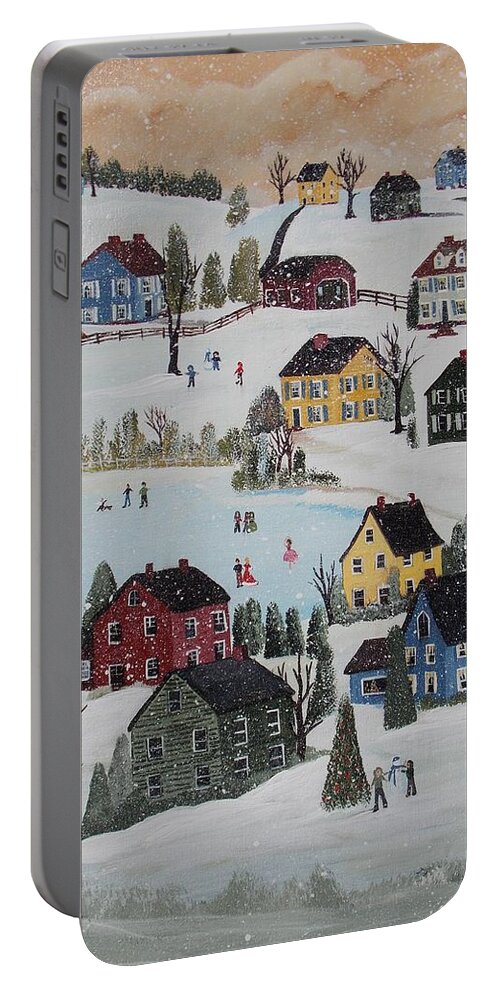 Grandma Moses Portable Battery Charger featuring the painting Waltzing Snow by Virginia Coyle