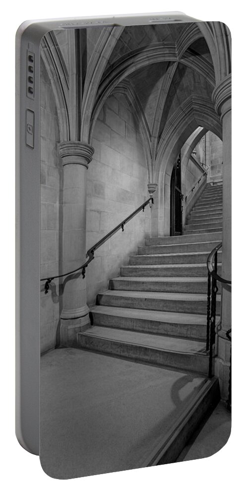 National Cathedral Portable Battery Charger featuring the photograph Washington Cathedral Staircase Architecture BW by Susan Candelario