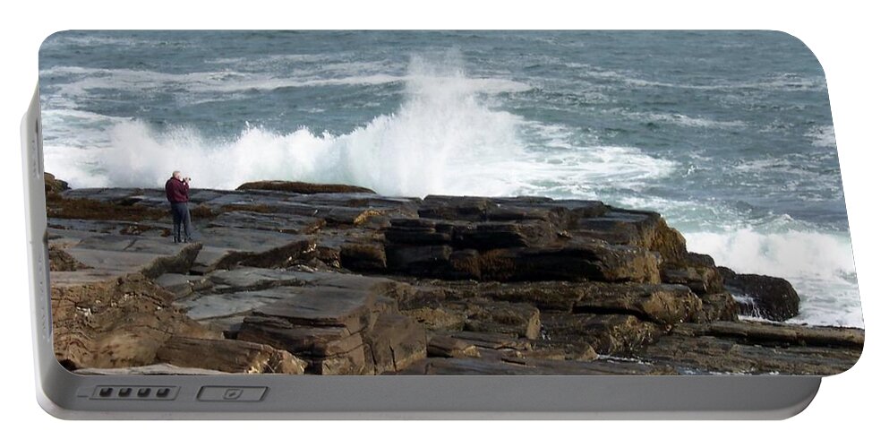 Cape Elizabeth Portable Battery Charger featuring the photograph Wave Hitting Rock by Catherine Gagne