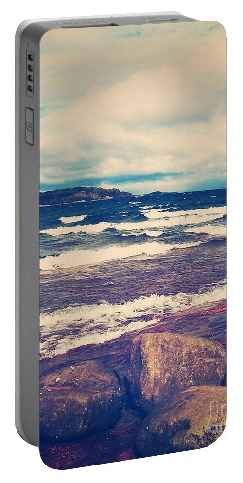 Lake Superior Portable Battery Charger featuring the digital art Waves On Lake Superior by Phil Perkins
