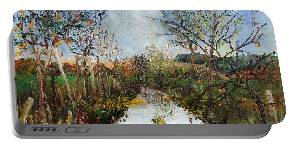 Fruit Tree Portable Battery Charger featuring the painting Way Near Beselin After The Rain by Barbara Pommerenke