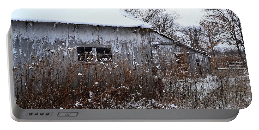 Barn Portable Battery Charger featuring the photograph Weathered Barns in Winter by Amy Lucid
