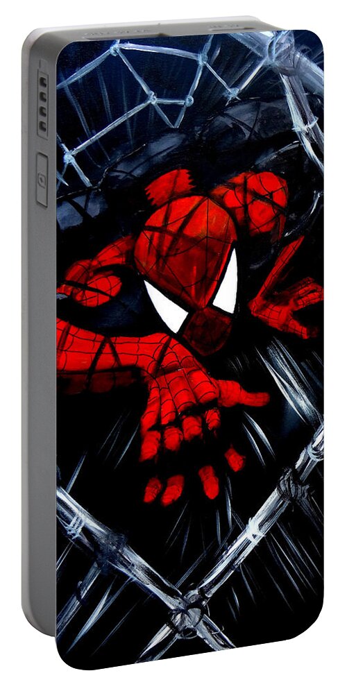 Spiderman Portable Battery Charger featuring the painting Web Crawler by Katy Hawk