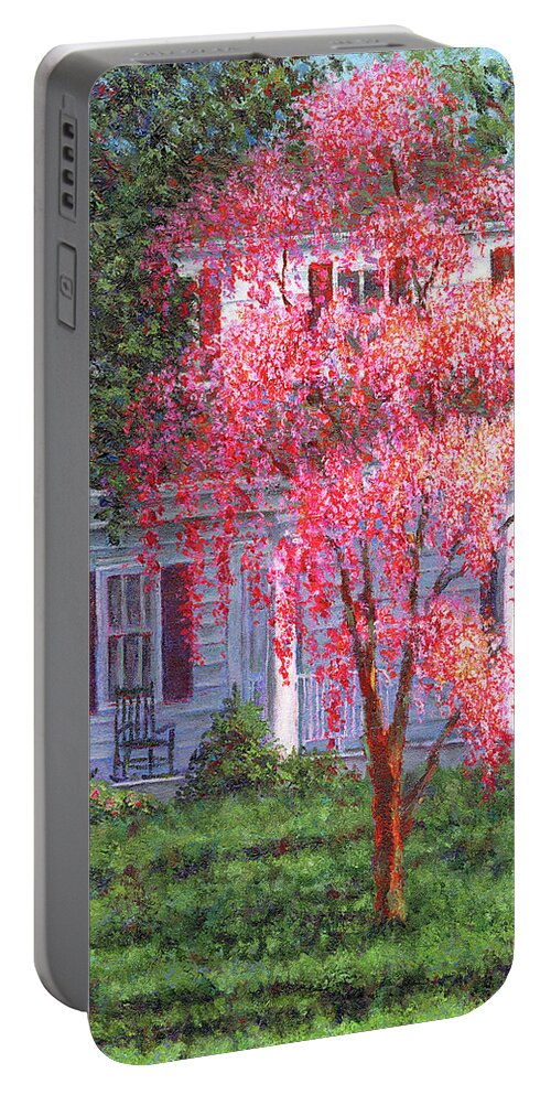 Spring Portable Battery Charger featuring the painting Weeping Cherry by the Veranda by Susan Savad