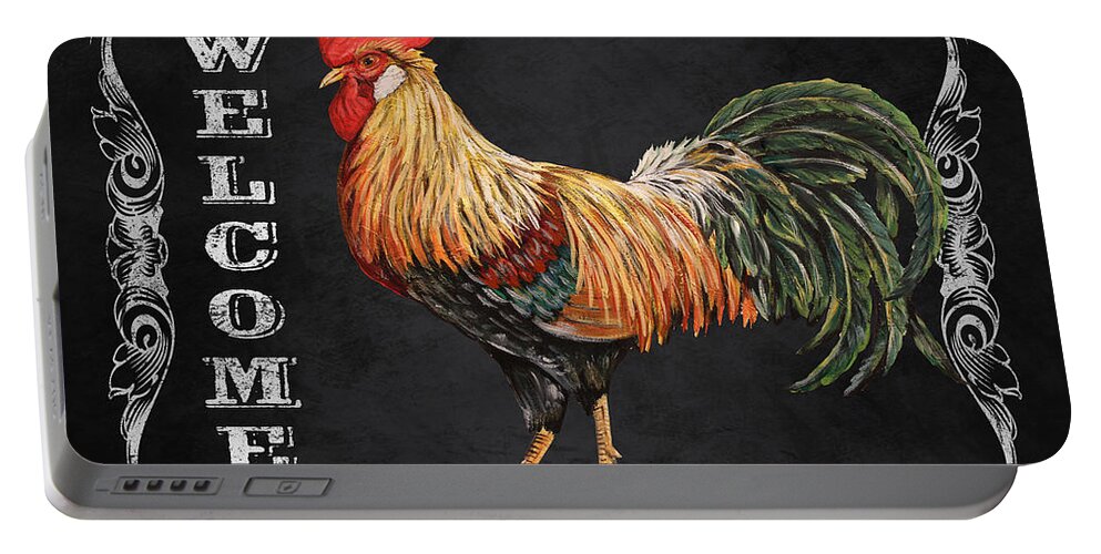Blackboard Portable Battery Charger featuring the mixed media Welcome Rooster-JP2618 by Jean Plout