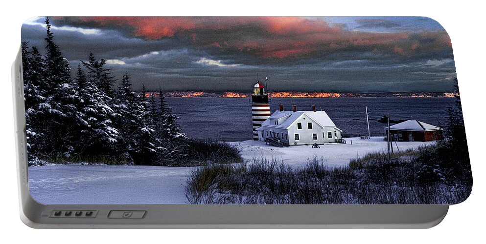 West Quoddy Head Lighthouse Portable Battery Charger featuring the photograph West Quoddy Head Lighthouse Winters Dusk Afterglow by Marty Saccone