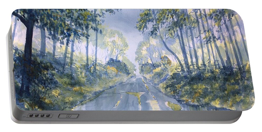 Glenn Marshall Portable Battery Charger featuring the painting Wet Road in Woldgate by Glenn Marshall