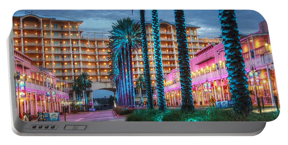 Palm Portable Battery Charger featuring the photograph Wharf Blue Lighted Trees by Michael Thomas
