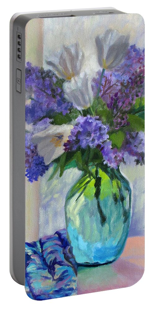 Lilacs Portable Battery Charger featuring the painting When Lilacs Bloomed by Bonnie Mason