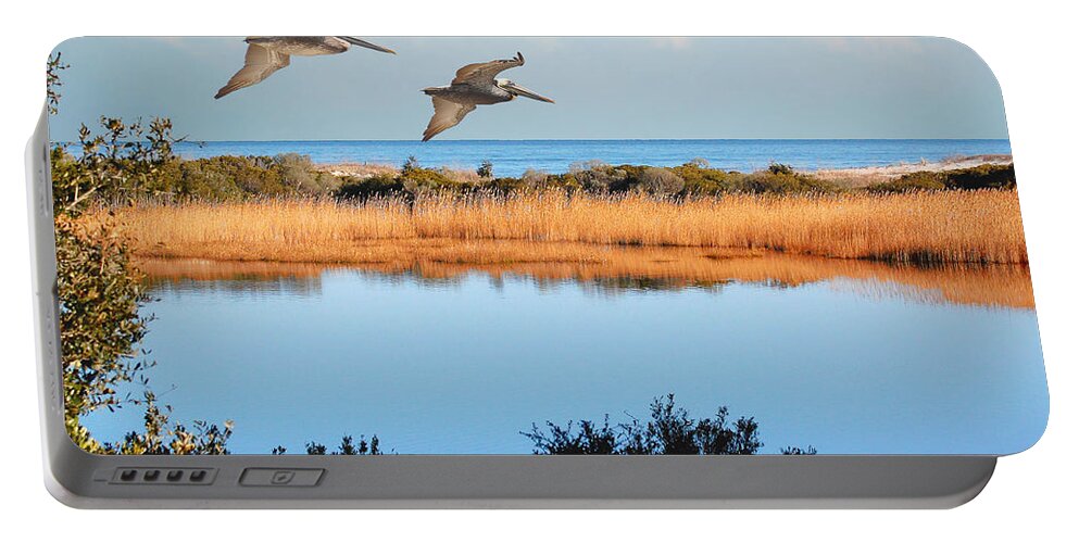 Pelicans Portable Battery Charger featuring the photograph Where The Marsh Meets The Atlantic by Kathy Baccari