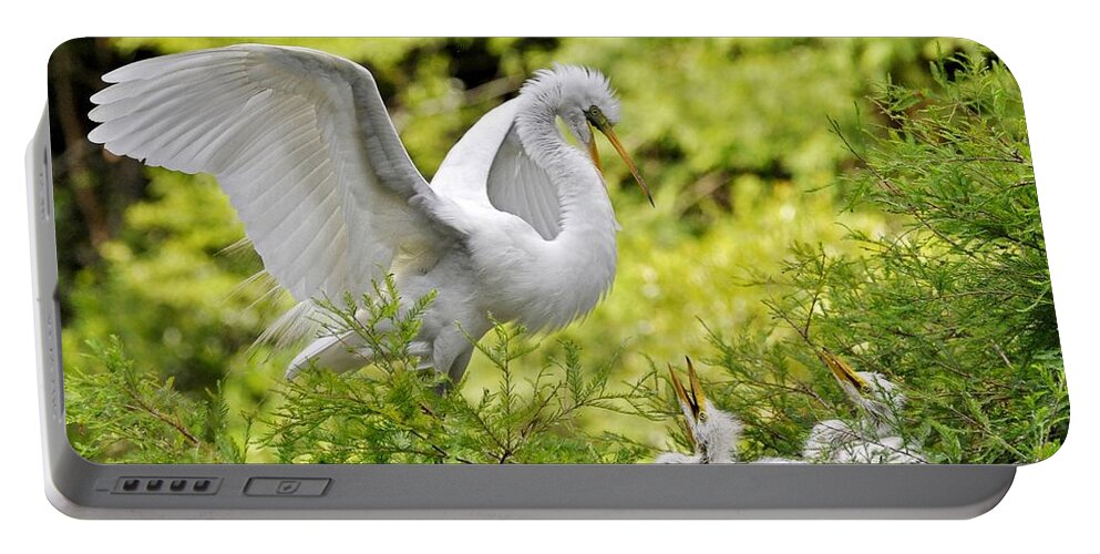 Egret Portable Battery Charger featuring the photograph Where's Our Lunch Ma by Kathy Baccari