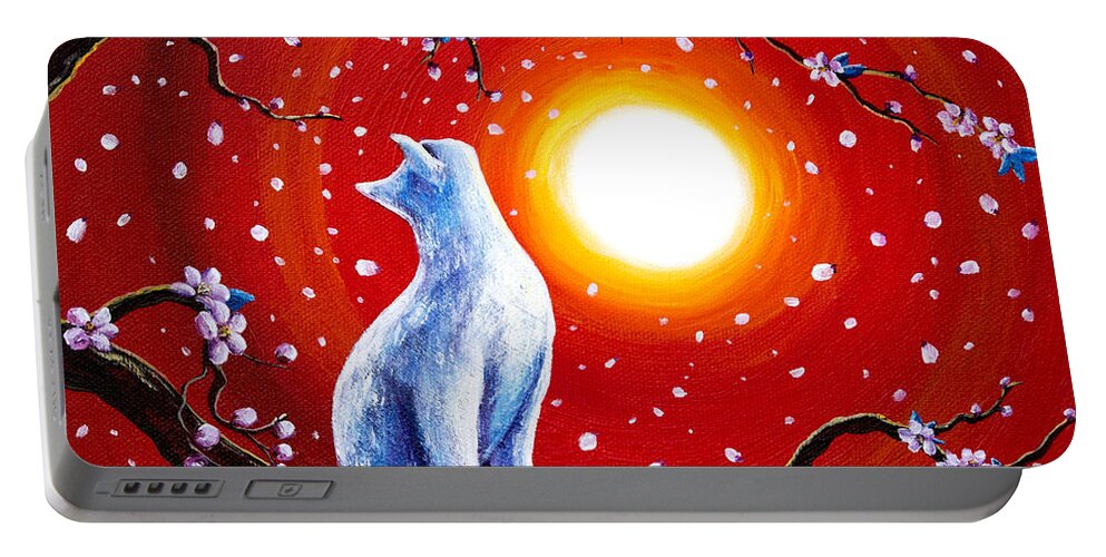 Zen Portable Battery Charger featuring the painting White Cat in Bright Sunset by Laura Iverson