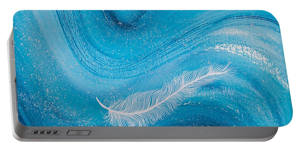 Feather Portable Battery Charger featuring the painting White spiritual feather on pale blue wave by Carolyn Bennett by Simon Bratt