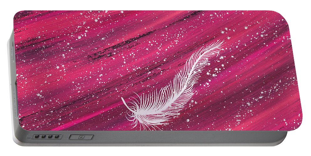 Feather Portable Battery Charger featuring the painting White spiritual feather on pink streak by Carolyn Bennett by Simon Bratt