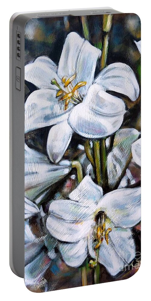Lilly Portable Battery Charger featuring the painting White Lillies 240210 by Selena Boron