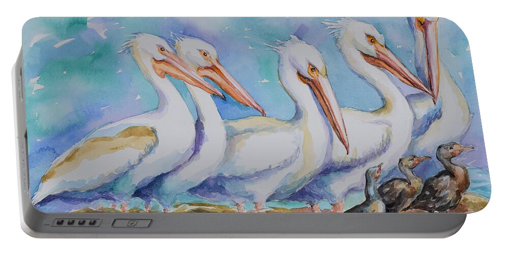 White Pelicans Portable Battery Charger featuring the painting White Pelicans by Jyotika Shroff