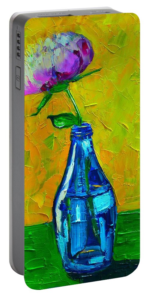 Floral Portable Battery Charger featuring the painting White Peony Into A Blue Bottle by Ana Maria Edulescu