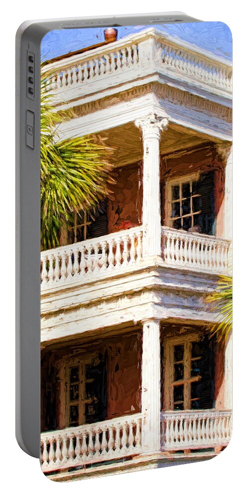 Corner Portable Battery Charger featuring the photograph White Porch by Les Palenik