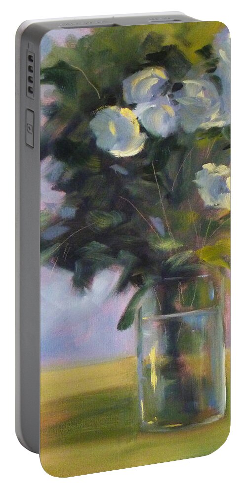 White Portable Battery Charger featuring the painting White Roses by Nancy Merkle