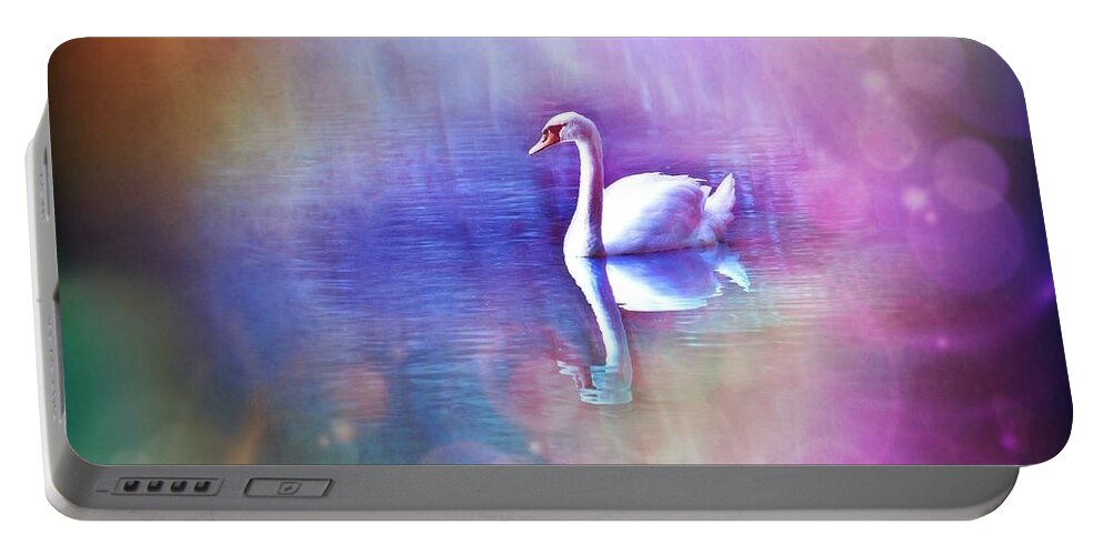 White Swan Portable Battery Charger featuring the digital art White Swan in colorful fog by Lilia S