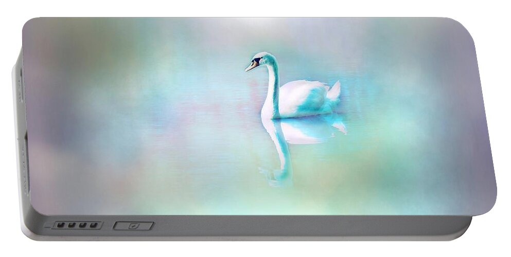 White Swan Portable Battery Charger featuring the digital art White Swan in the fog by Lilia D