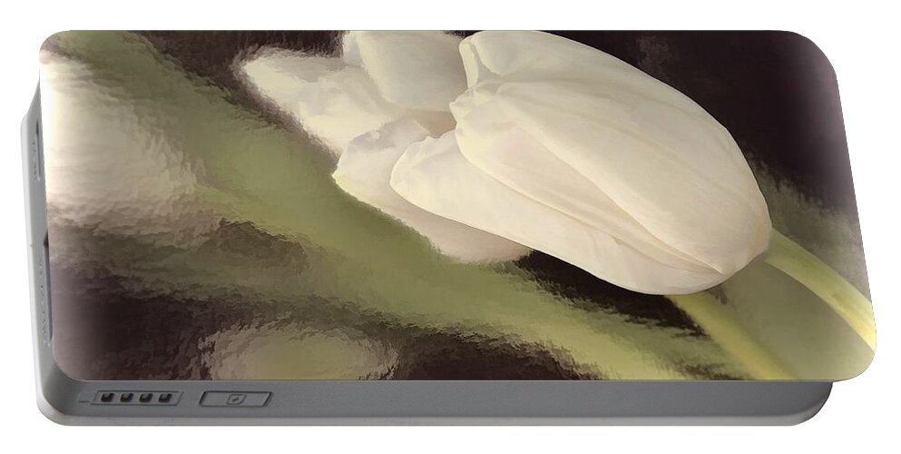 Flower Portable Battery Charger featuring the photograph White Tulip Reflected in Misty Water by Phyllis Meinke
