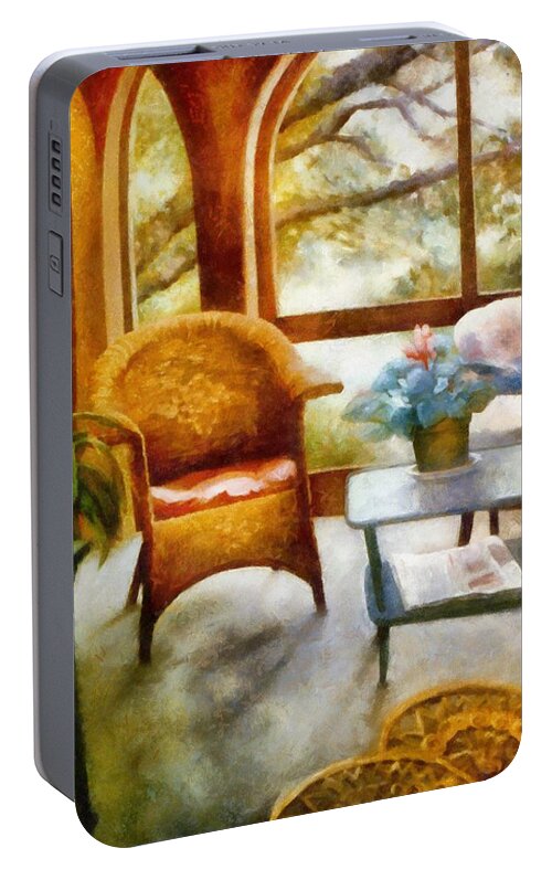 Interior Portable Battery Charger featuring the painting Wicker Chair and Cyclamen by Michelle Calkins