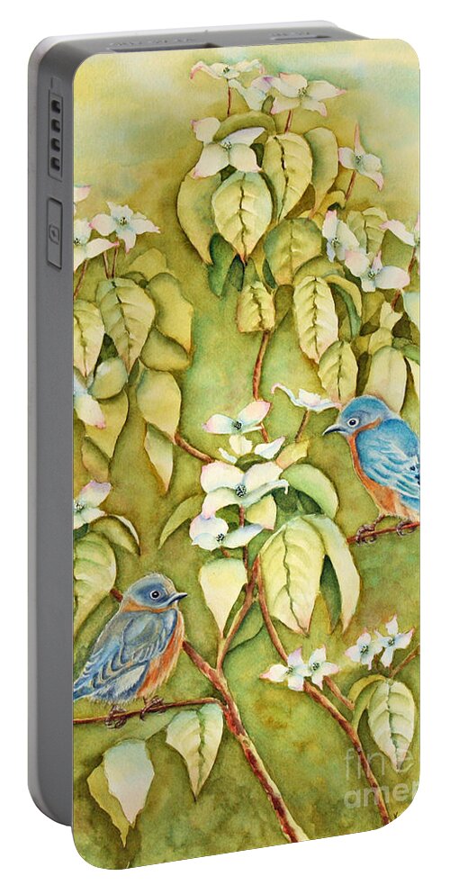 Bluebirds Portable Battery Charger featuring the painting Wild Blues In White Dogwood 2 by Kathryn Duncan