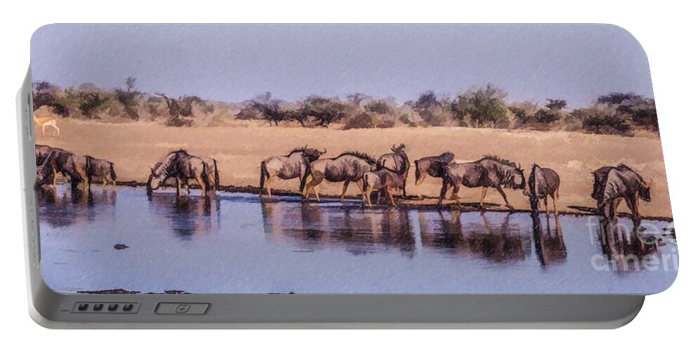 Wildebeest Portable Battery Charger featuring the digital art Wildebeest at an Etosha waterhole by Liz Leyden