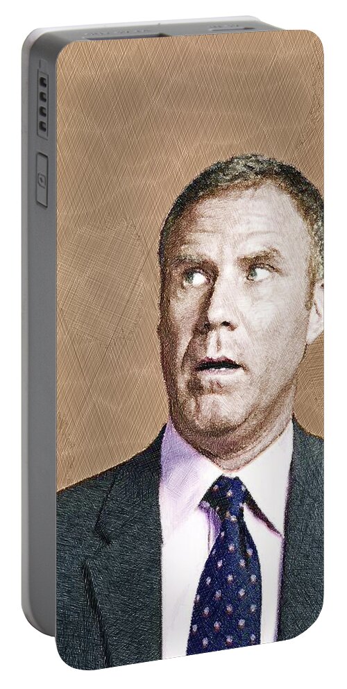 Anchorman Portable Battery Charger featuring the painting Will Ferrell by Tony Rubino