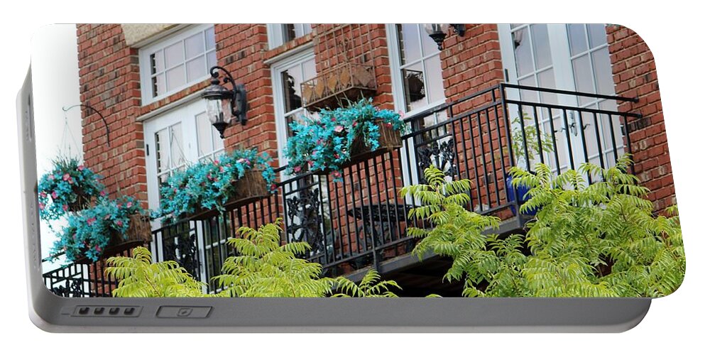Balcony Portable Battery Charger featuring the photograph Blue Flowers On A Balcony by Cynthia Guinn