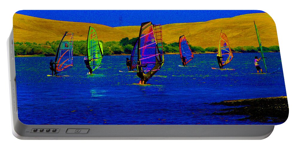 Windsurfing Portable Battery Charger featuring the digital art Wind Surf Lessons by Joseph Coulombe