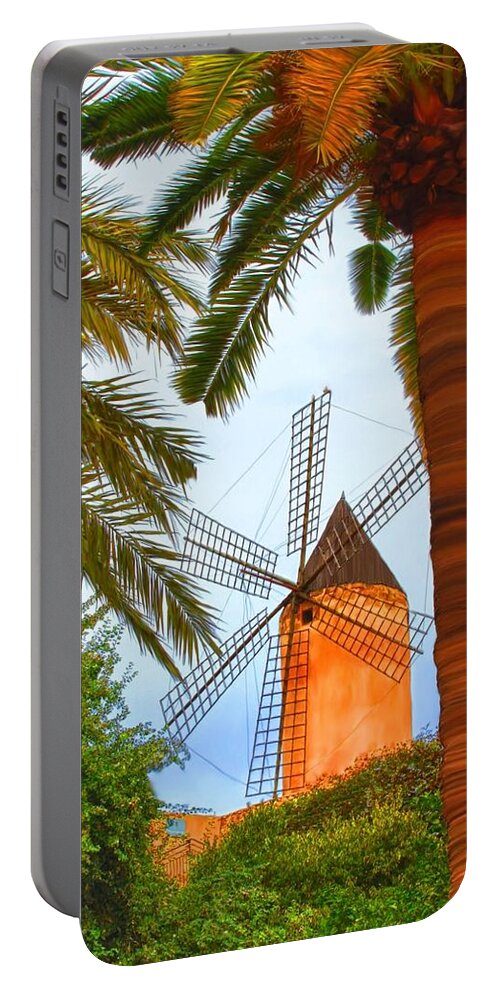 Spain Portable Battery Charger featuring the painting Windmill in Palma de Mallorca by Deborah Boyd