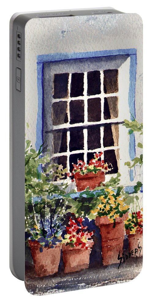 Window Portable Battery Charger featuring the painting Window with Blue Trim by Sam Sidders