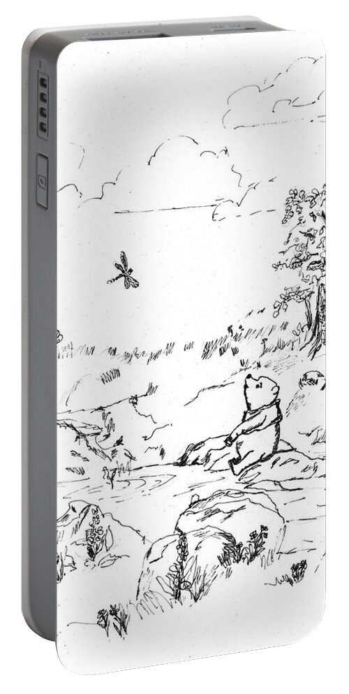Whinnie The Pooh Portable Battery Charger featuring the painting Winnie the Pooh by the Creek  After E H Shepard by Maria Hunt