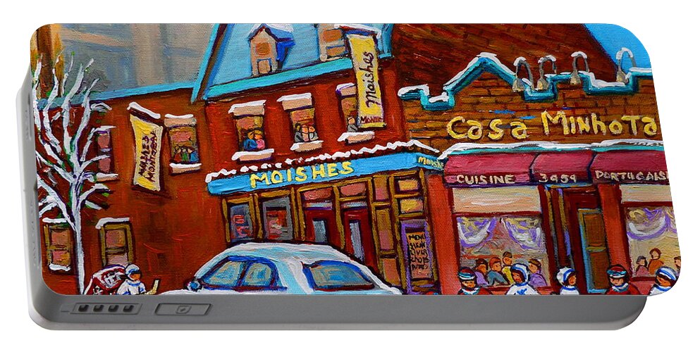 Montreal Portable Battery Charger featuring the painting Winter Day On St.laurent Montreal Moishe's Steakhouse And Casa Minhota Hockey Game by Carole Spandau