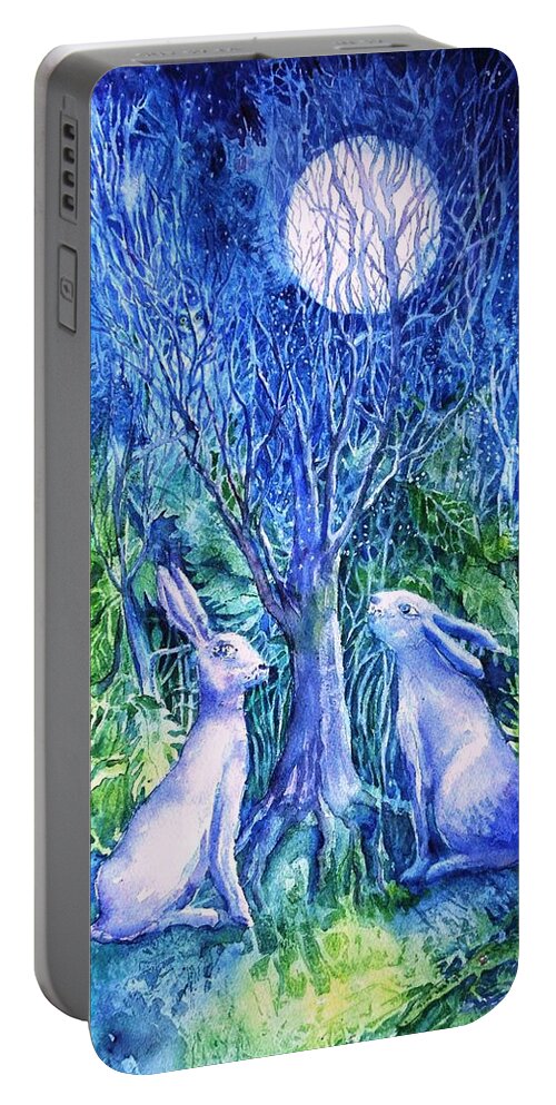 Winter Portable Battery Charger featuring the painting Winter Descends as Two Hares Contemplate an Owl by Moonlight by Trudi Doyle