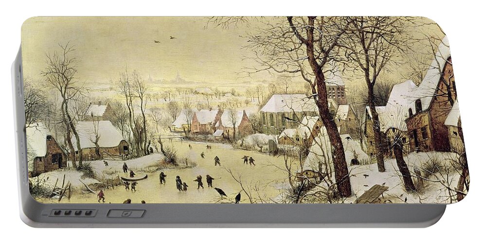 Frozen River Portable Battery Charger featuring the painting Winter Landscape with Skaters and a Bird Trap by Pieter Bruegel the Elder